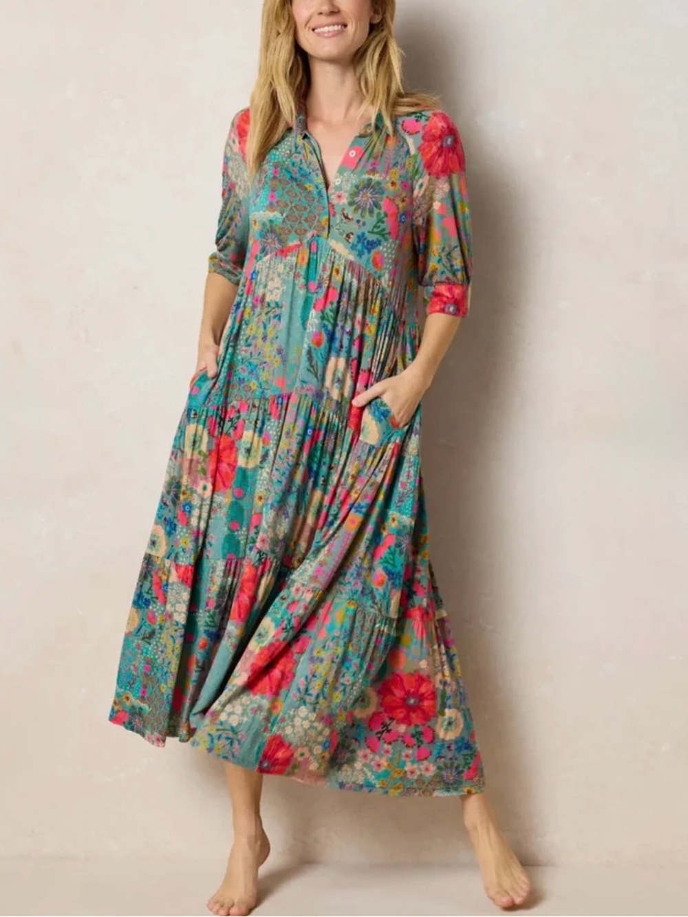 Natural Life Rebecca ButterSoft Blue Garden Patchwork Floral Midi Dress L NWT - Picture 3 of 14